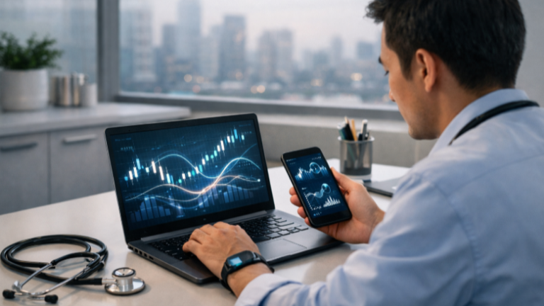 Doctor using a laptop and smartphone at a modern clinic desk to manage finances through digital banking, with a stethoscope nearby and a clean, professional environment