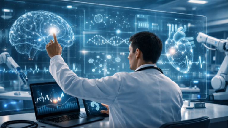 Doctor analyzing data on futuristic interface