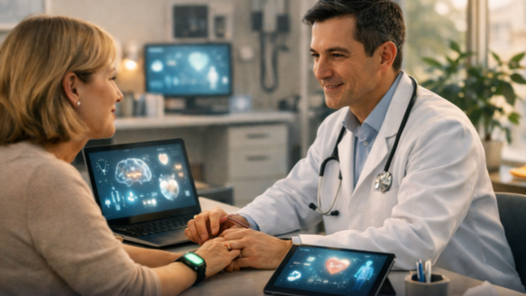 Doctor in a warm, modern clinic interacting with patient, tablet showing glowing health visuals, smartwatch emitting soft light, natural lighting and plants symbolizing trust and tech‑integrated care.